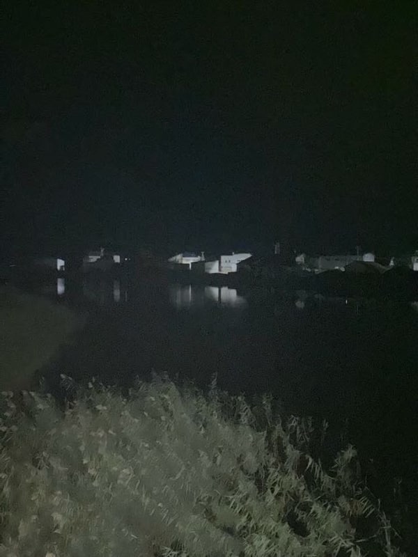 真夜中の黒い水面の向こうに、橋の灯りが横一列に並んでいる。手前に葦の影。空も水も黒い。