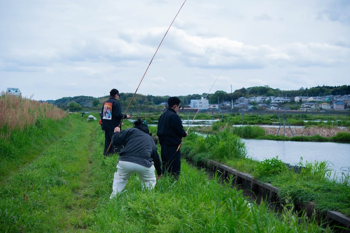 畦道に竿が並ぶ。両側は田である。