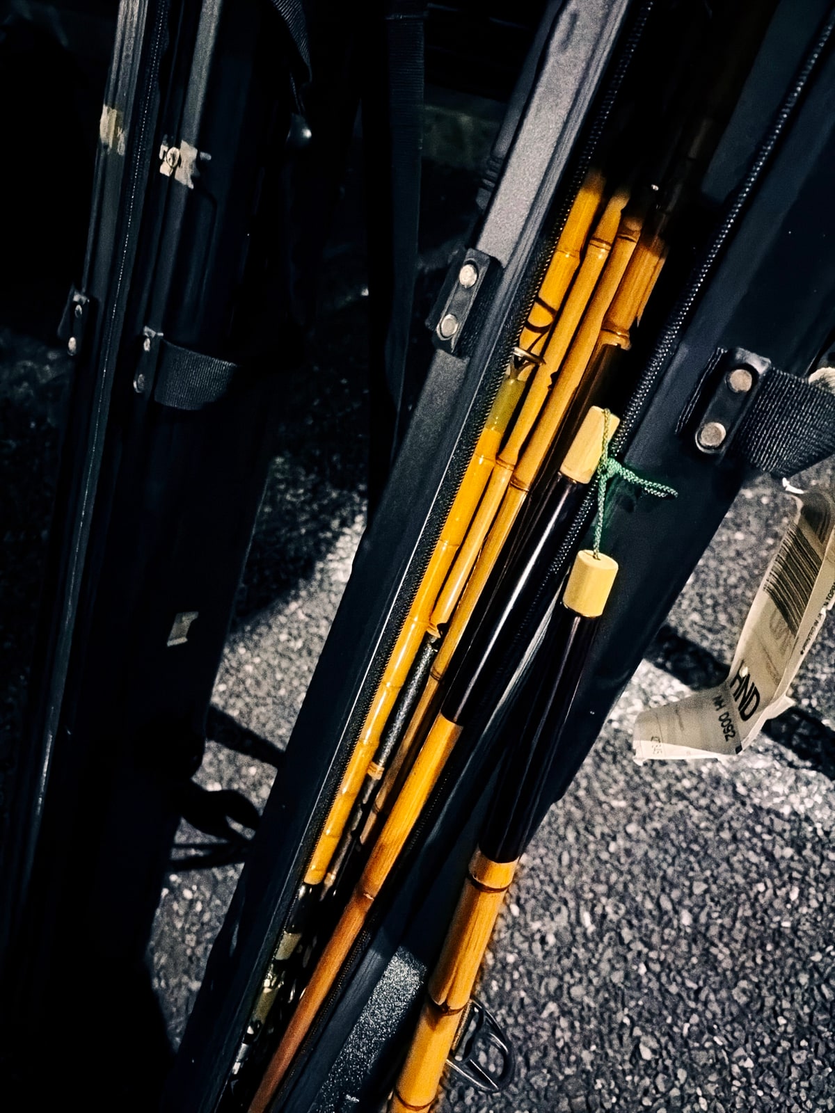 アスファルトの上に黒い竿袋が開いてあり、口から飴色の竹が三本ほど覗いている。口栓は乳白色で緑の細い紐が結んである。肩紐に古い手荷物の札が残っている。