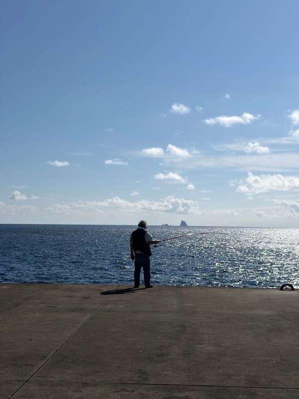逆光の海に向かって、堤防の先で一人が竿を振っている。後ろ姿。水平線の中ほどに小さな岩礁が突き出している。