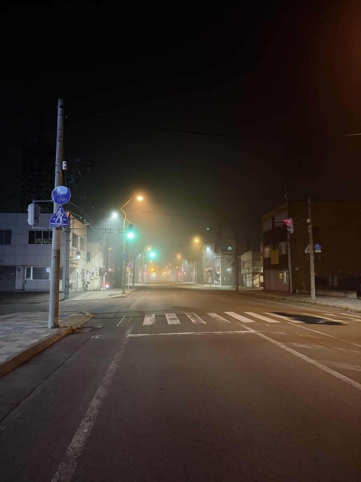 夜の町の通り。街灯が奥へ一列に続き、交差点の上の信号が青を示している。人も車もいない。