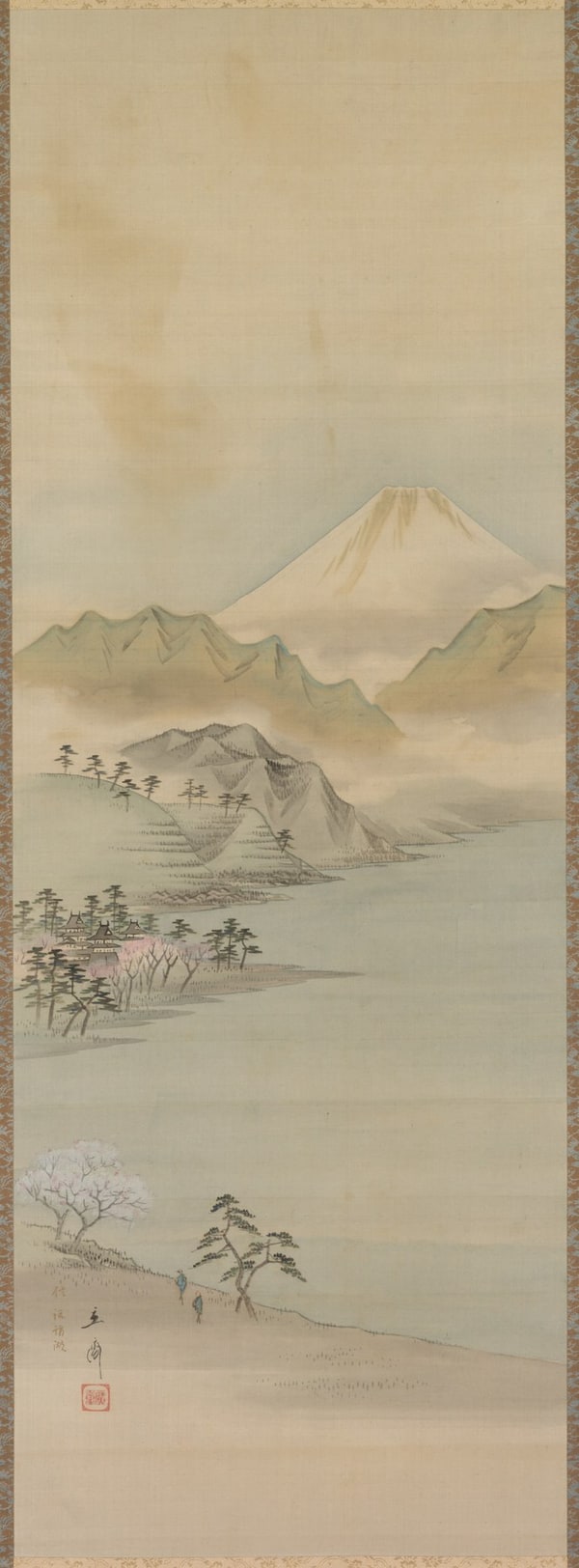 広重「諏訪湖」。湖を渡る道と、遠くの山。